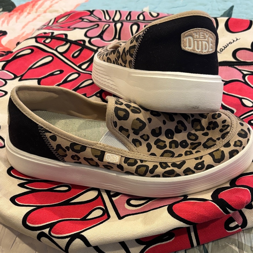 Hey Dude Tan and Black Leopard Slip-Ons